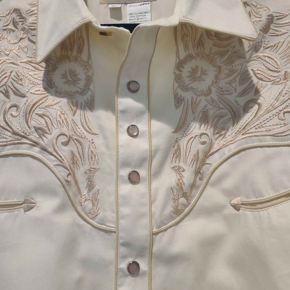 Rockmount Ranch Wear Mens Ivory-on-Ivory Embroidered Western Shirt XL Tall #6859 - Picture 4 of 9